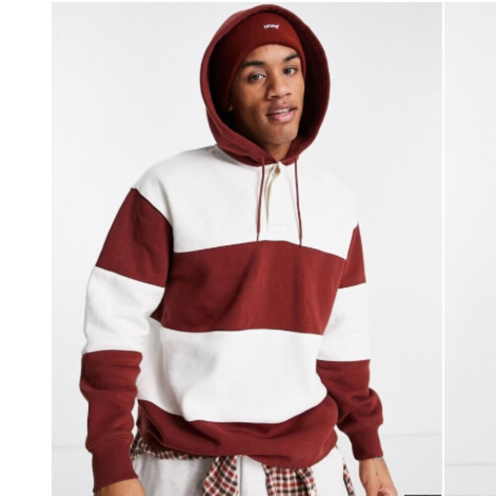 Levi's Button Up Fillmore Rugby Fleece Hoodie Cream Red Color Block Stripe‎ Sz M